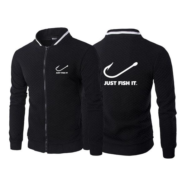 

men's hoodies & sweatshirts 2021 just fish it print pure color jacket zipper stand collar sweater cardigan plaid, Black