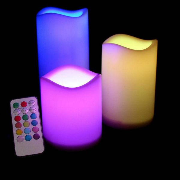 

set of 3pcs flameless led candle pillar lamp w/18key remote controller 4h/8h timer wedding home bar table decor-color changing candles