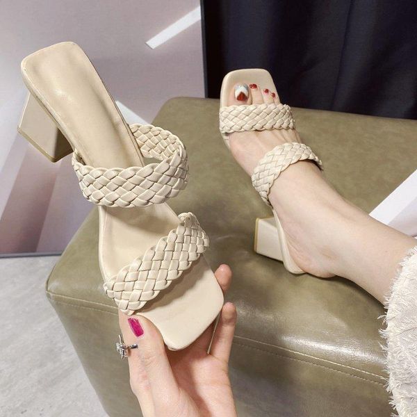 

slippers fashionable women's temperament soft sole antiskid shoes outdoor woven high heels beach open toe sandals casual, Black