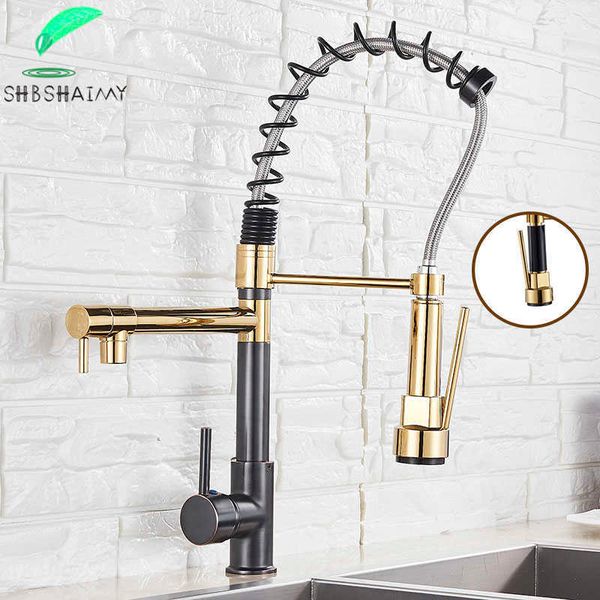 SHBSHAIMY Rubinetto da cucina a molla oro nero estraibile doppio beccuccio girevole a 360 gradi miscelatore portatile e acqua fredda 2 uscite 210724