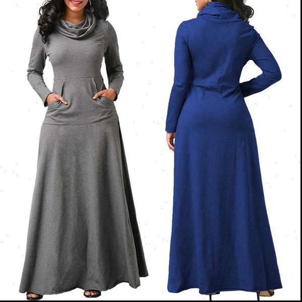 

long sleeve large size elegant women dress maxi autumn warm turtleneck clothing with pocket plus, Black;gray