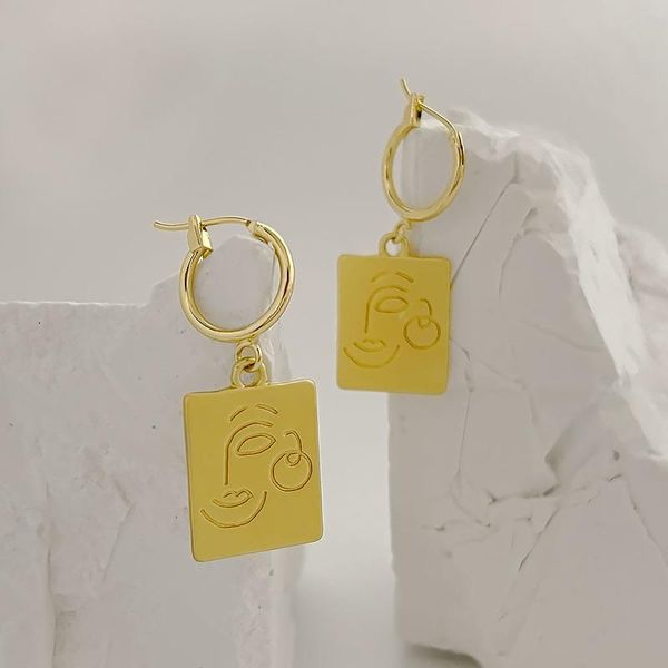 

hoop & huggie minar creative face texture rectangle earring for women abstract gold color copper geometric portrait statement earrings, Golden;silver