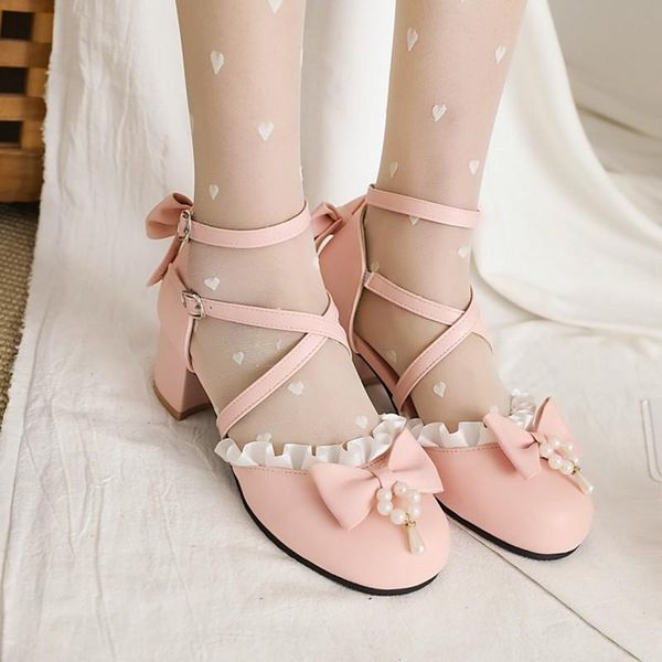 

girls sweet lolita cross-tied bowknot lace bridal wedding shoes women high heel bordered princess dress 2021 plus size 31-43, Black