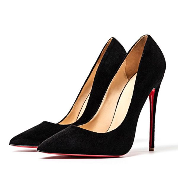 

dress shoes red bottom women's pumps pointed toe thin high heels 12cm flock wedding party lady single shoe autumn winter, Black