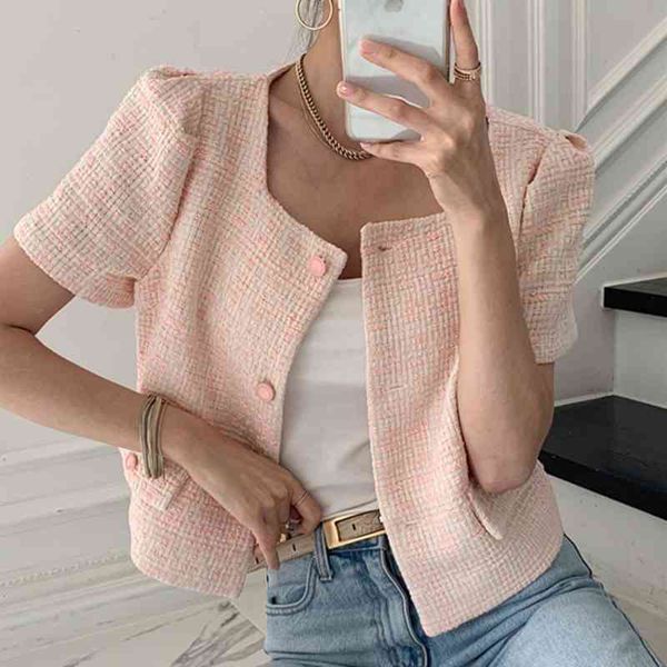 

women's jackets vintage women 2021 summer korean chic french square collar short sleeve casual crop tweed jacket coat outwear, Black;brown