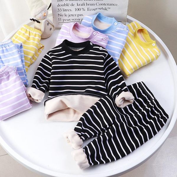 

pajamas children's underwear set long-sleeved striped warm thickening clothes autumn winter kids home boys and girls, Blue;red