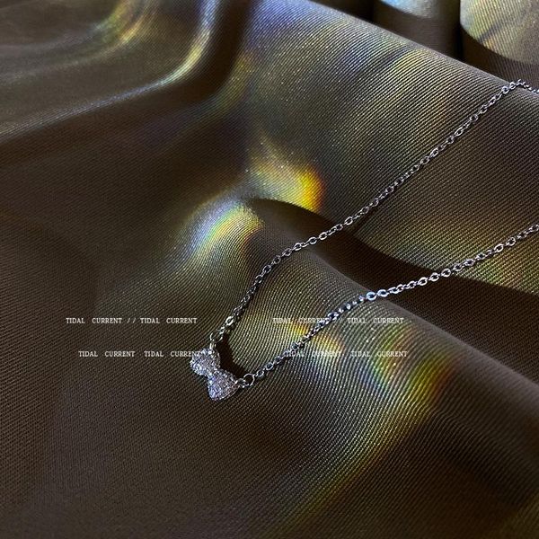 

pendant necklaces korea cubic zirconia bow knot necklace retro titanium steel clavicle chain choker for women wild jewelry, Silver