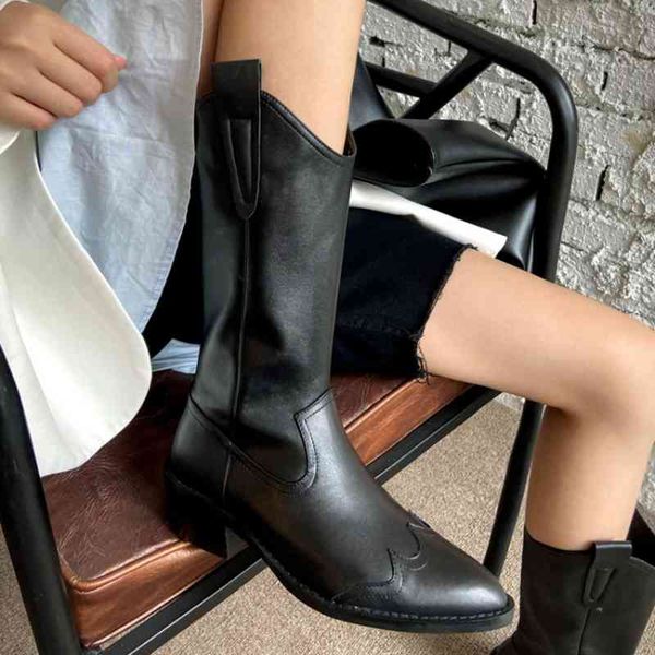 

winter cow leather short boots pointed square heel mid-calf warm plush western black brown woman 210507