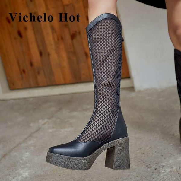 

vichelo 2021 early spring genuine leather square toe super high heels breathable zipper england style thigh boots l62, Black