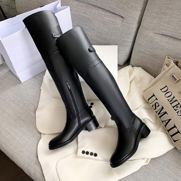 

boots women 2021 winter long over-the-knee handmade genuine leather zipper office punk goth casual shoes warm, Black