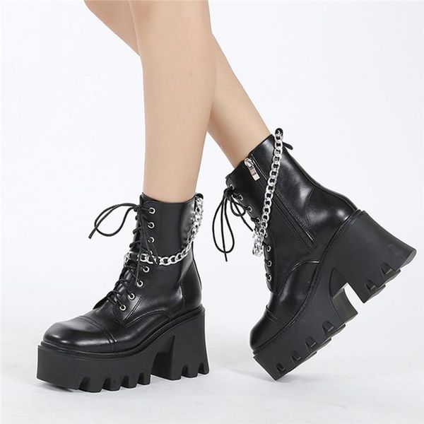 

boots zip ankle for woman gothic black chain chunky high heels platform female punk lace-up shoes 2021 dropship