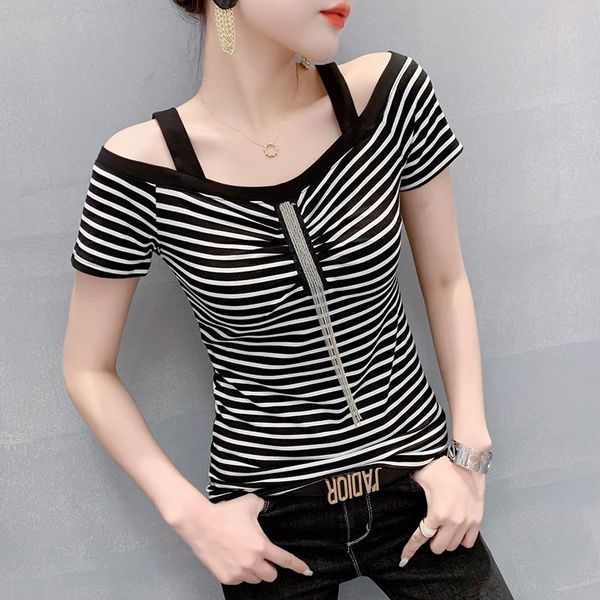 

casual cotton t-shirt short-sleeved women clothes 2021 slim off the shoulder shirt summer women's, White