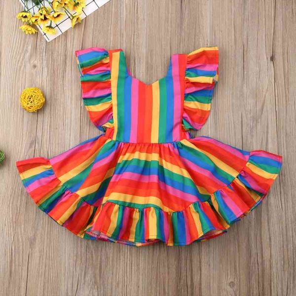 

toddler kid baby girl rainbow dress ruffle princess dress casual clothes, Red;yellow