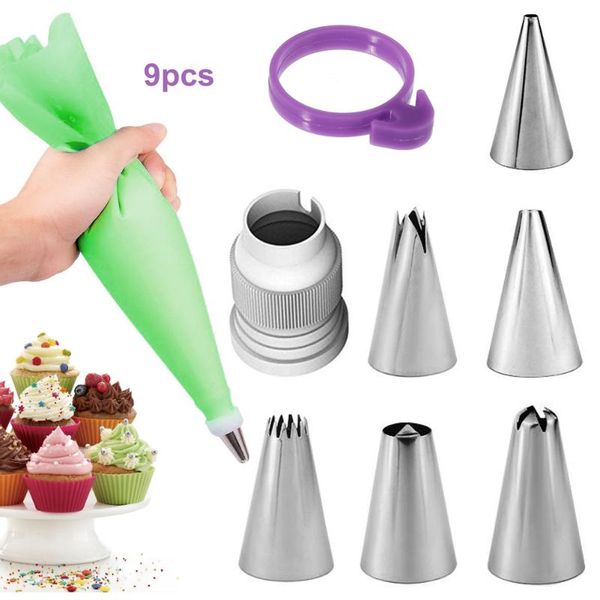 

baking & pastry tools 9pcs/set icing piping nozzles stainless steel flower cream cake tips leaf silicone bag cupcake diy