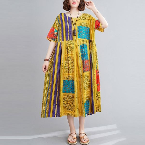 

oversized women cotton casual dress new arrival summer vintage style o-neck print loose female holiday long dresses s3295 210412, Black;gray