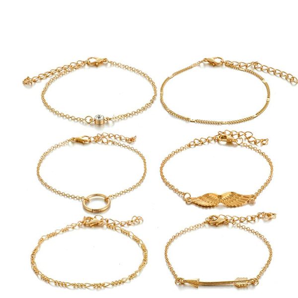 Link, catena Bracciali in oro per le donne Moda 6 pezzi / set Wing Arrow Clear Crystal Stone Accessori per gioielli geometrici 2021