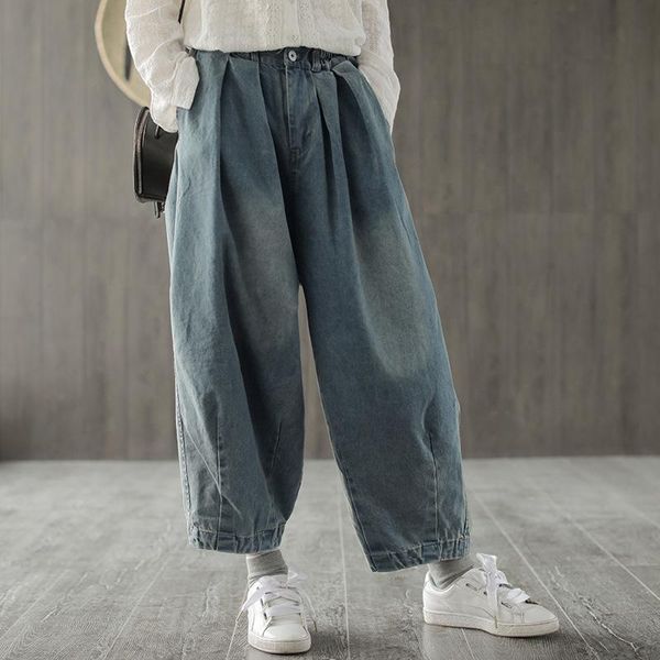 

women wide leg pants denim trouser 2021 spring pockets blue vintage clothing loose fold jeans button women's