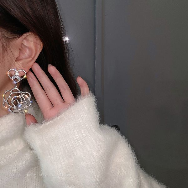 

925 silver needle full drill hollowed out love flower eardrop national style fashion design earring net red temperament earrings girl