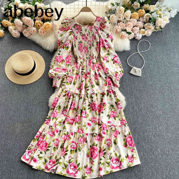 

women french retro floral dress square collar puff sleeve a-line spring chic bohemian print long 210512, Black;gray
