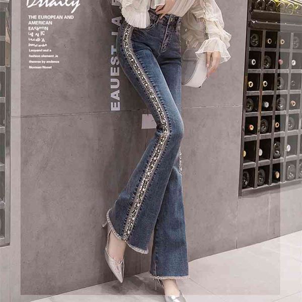

fashion spring autumn europe style women beading flare skinny denim pants female jeans cowboy trousers a3213 210428, Blue