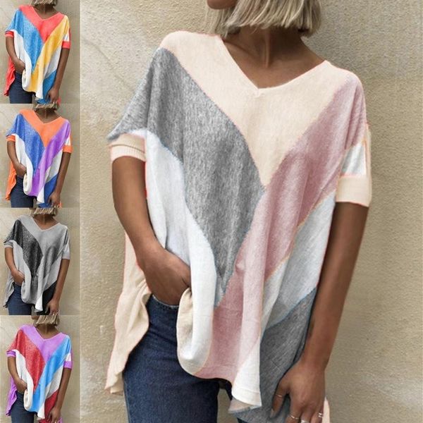 

women's t-shirt 2021 women v neck long batwing sleeve stripe print casual loose ladies plus size colorful pullover womens clothing, White