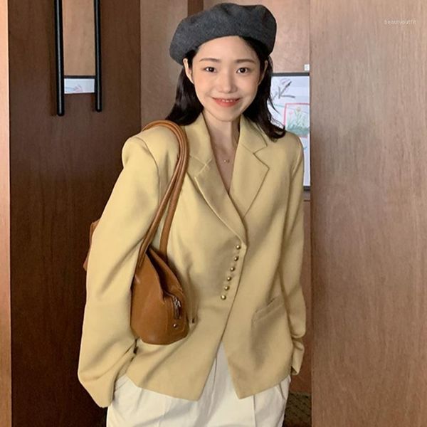 

women's suits & blazers korean chic autumn retro gentle lapel design metal buckle loose long sleeve cardigan small suit coat, White;black