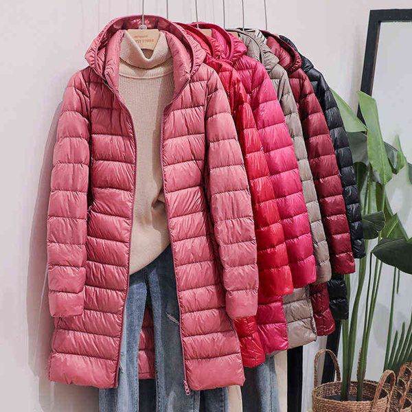 

sedutmo winter womens down jackets long ultra light thin casual coat puffer jacket slim remove hooded parka ed1275 211130, Black