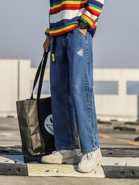 

men fish skeleton embroidery tapered jeans i5sf#, Blue