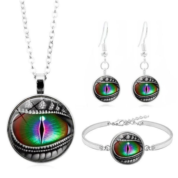 

earrings & necklace fashion dragon eye glass cabochon stud bracelet bangle set totally 4 pcs women's jewelry creative gift, Silver