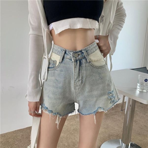 

women's shorts hzirip summer blue high waist a-line loose wide-leg ladies 2021 casual chic fashion frayed contrast color denim, White;black