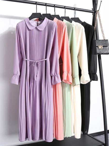 

casual dresses s-xl women dress plus size solid pleated female long sleeve lace-up vestido mujer 2021 spring autumn chiffon black, Black;gray