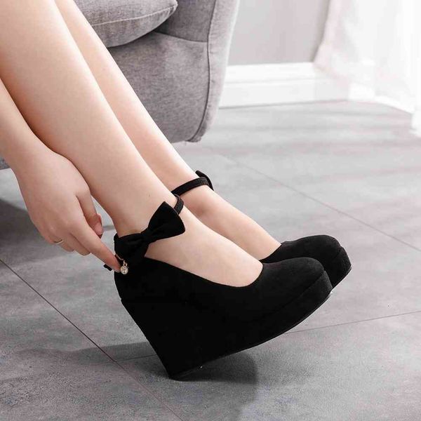 

dress shoes women high heels fashion buckle wedges ladies platform bowtie pumps for woman plus size wedding sknu, Black