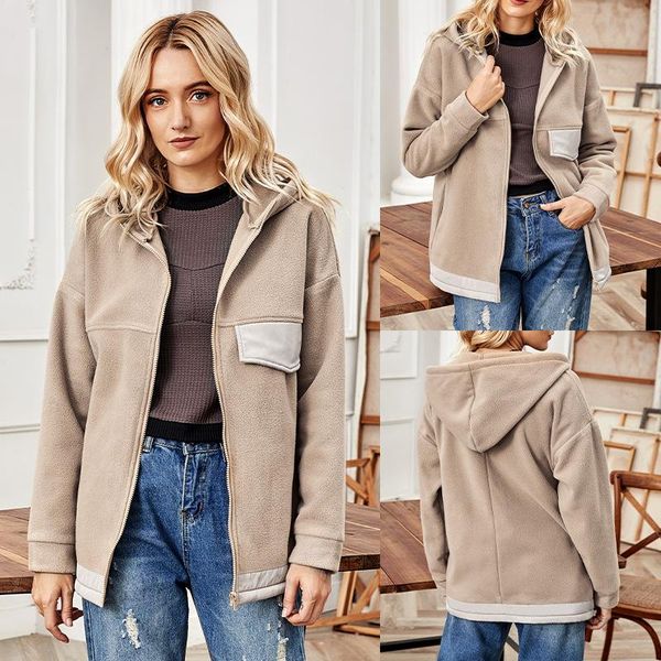 

women's wool & blends winter jacket 2021 zipper cardigan plush warm hooded coat long sleeve oversize pocket decor thick fleece women co, Black