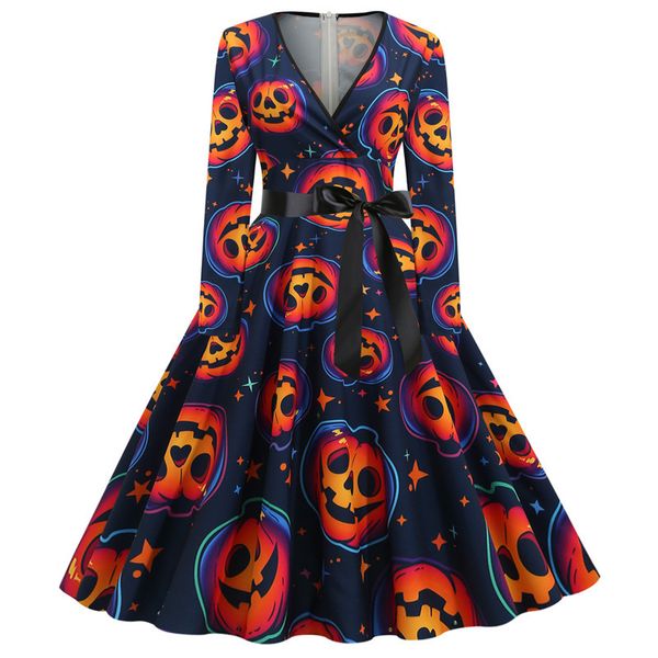

2021 halloween full-body print bowknot women's v-neck dress, Black;gray