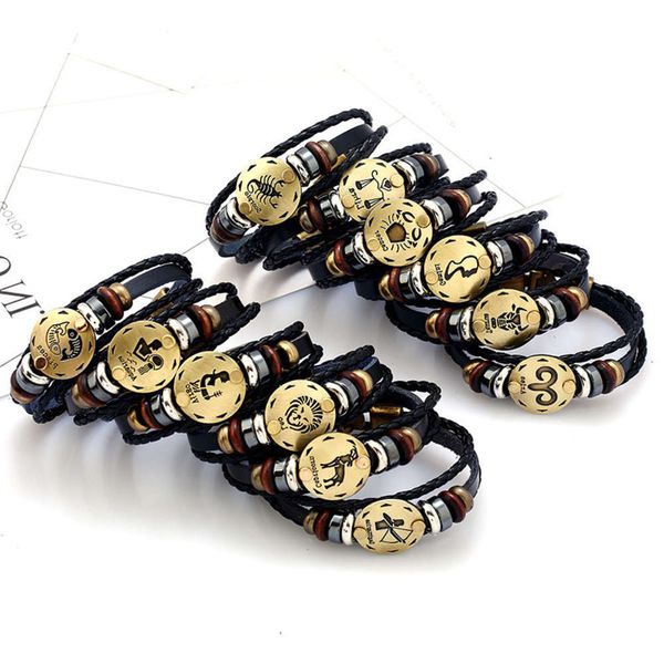 

hand catenary accessories 12 constellation simple multi-layer lovers leather bracelet accessories, Black