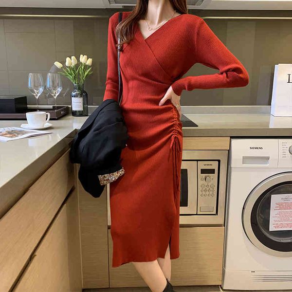 

jxmyy autumn and winter new fashion temperament versatile slim slimming mid-length v-neck long-sleeved base knitted dress 210412, Black;gray