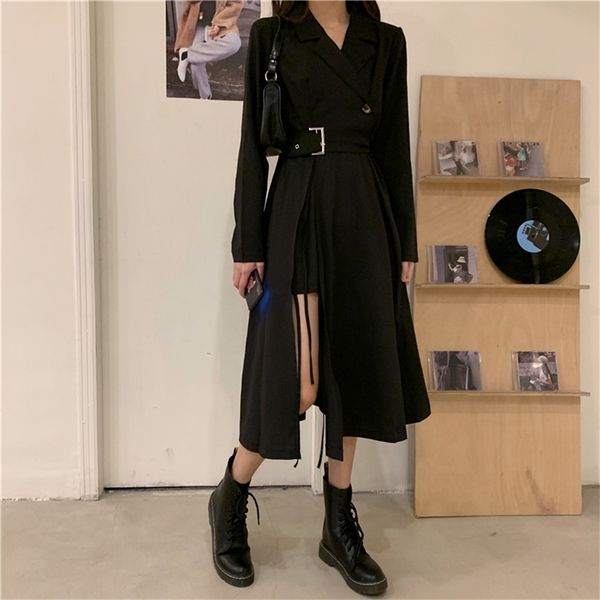 

long sleeve dresses women classy vestidos 2021 mujer elegant sashes side slit a-line charm vintage midi black empire bf notched, Black;gray