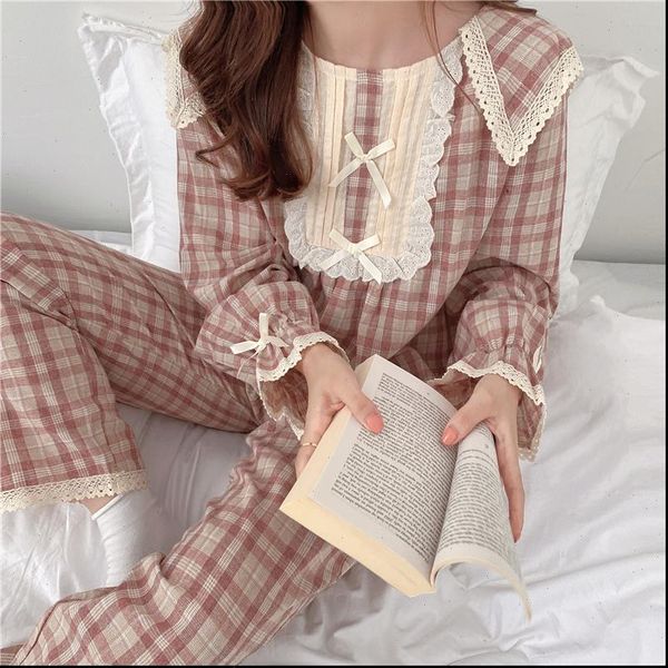 

lolita princess pajamas set womens sleepwears loose lacework bow tie plaid home suit long sleeve pants 2 pcs homewear, Black;red