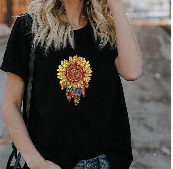 

bohemia style sunflower feather print womens t shirts short sleeve o neck summer tee mujer, White
