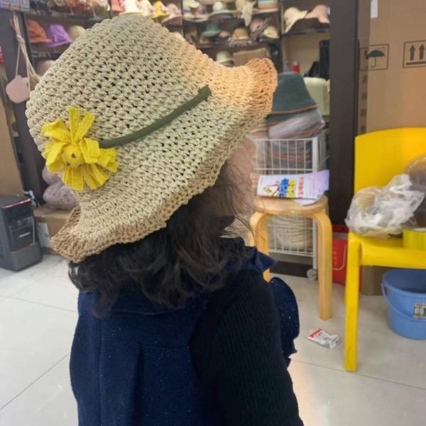 

children girls summer straw hat handmade visor beach sun cap for bone caps & hats, Yellow