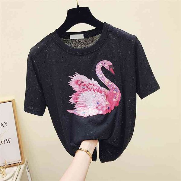 

summer woman casual short sleeve o neck sequined t-shirt women's tee tees students cotton a739 210519, White