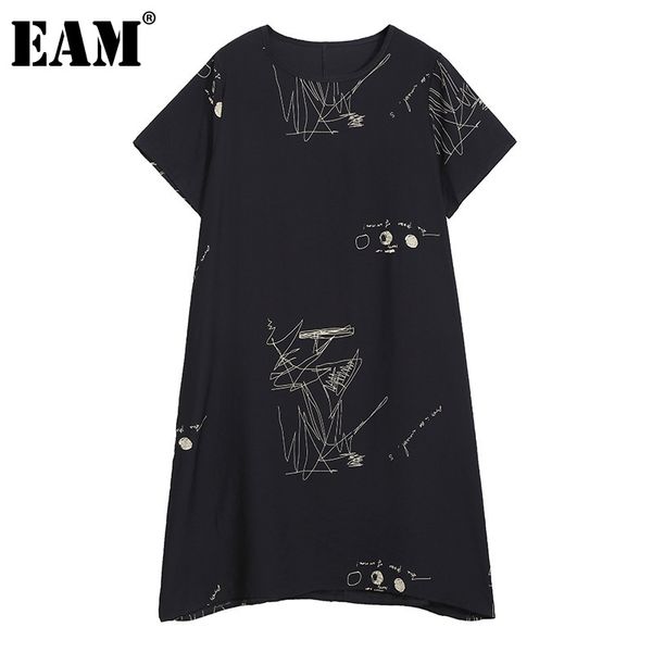 

[eam] women black big size casual printed dress round neck short sleeve loose fit fashion spring summer 1dd8545 21512, Black;gray