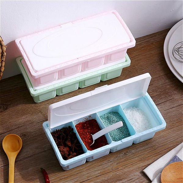 

storage bottles & jars plastic seasoning spice pots box container jar with spoon flip cover kitchen organizer food supplies