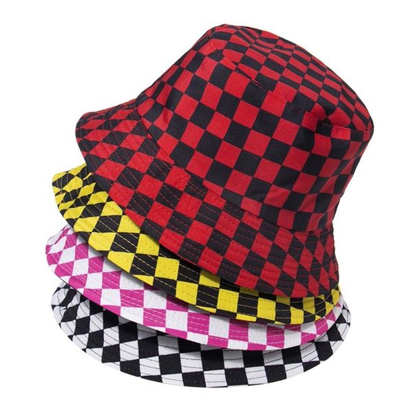

multicolor checkered plaid bucket hat reversible sunscreen panama fisherman cap x7ya wide brim hats, Blue;gray