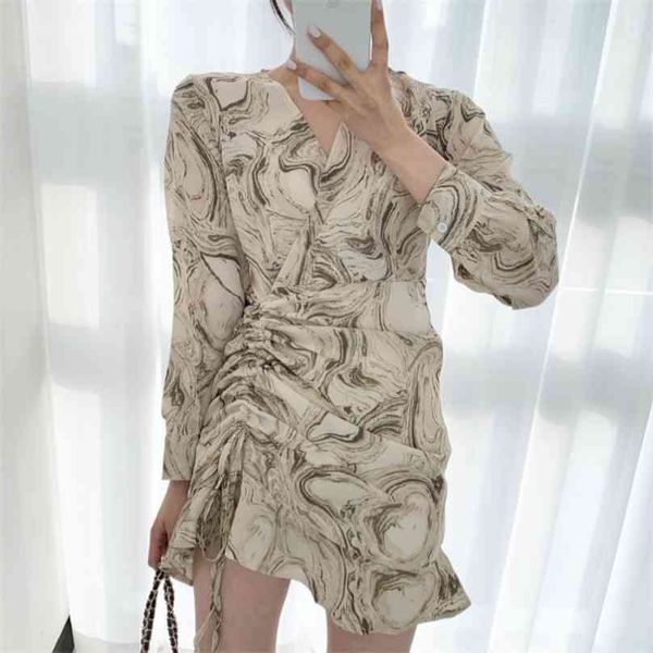

chic ink printing drawstring dress woman clothes high waist v-neck bodycon korean vintage street dresses female spring 210603, Black;gray