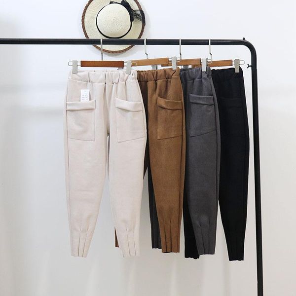 

2021casual winter spring women pants korean elastic high waist pockets suede harem plus size trousers femme pantalon women's jumpsuits, Black;white