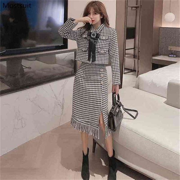 

autumn vintage elegant houndstooth 2 piece set women long sleeve bow tie cardigan coat + tassel skirt outfits korean 210513, White