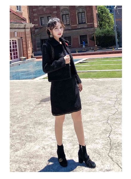

two piece dress women autumn winter chic woolen set female elegant tweed jacket coat + mini bodycon skirt suit xrfg, White