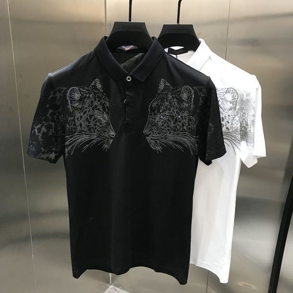 

mens tshirts leopard diamonds beads fashion polo male handsome nignt club tee homme casual trend euro summer short sleeve, White;black