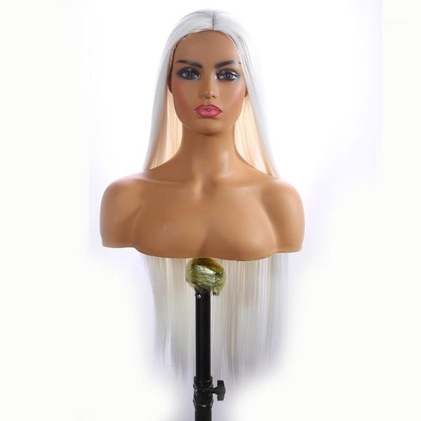 

white color synthetic hair wigs long straight middle part halloween cosplay daily heat resistant fiber for black women1